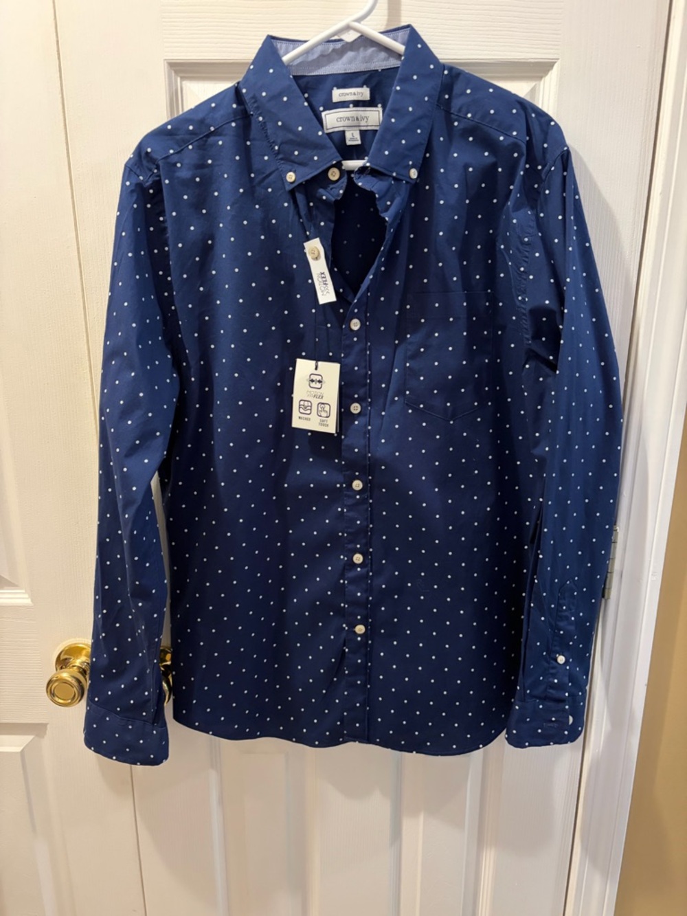 Crown & Ivy Navy Button-Down Shirt with White Dot Pattern